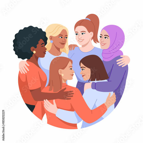 A joyful group of diverse women sharing a moment of connection and friendship. Their smiles radiate warmth and unity, celebrating diversity and sisterhood.