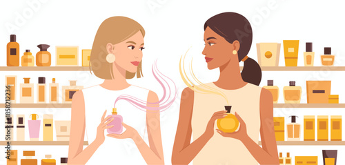 Two women engage in a delightful moment, sampling perfumes in a beautifully arranged store, conveying the luxury and enjoyment of choosing personal fragrances.
