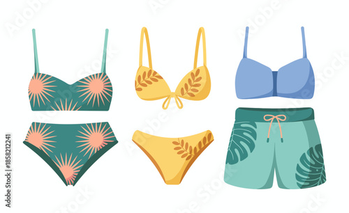 The illustration showcases a variety of stylish swimwear—bikinis and shorts—vibrantly designed, epitomizing summer fashion and beach fun, enhancing the joy of sunny getaways.
