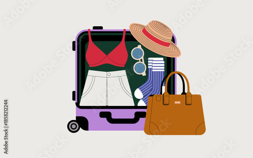 This fun illustration of a vibrant suitcase packed with summer essentials like swimwear and accessories showcases the excitement of traveling and beach adventures.