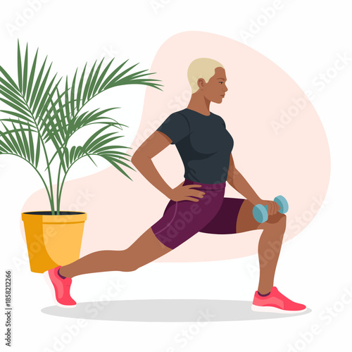 This empowering illustration showcases a fitness enthusiast performing lunges with dumbbells, symbolizing strength, health, and dedication to physical fitness in a bright setting.