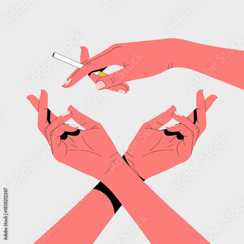 A striking illustration showcasing two hands—one holding a cigarette while the other reflects a peaceful gesture, symbolizing duality in choices and lifestyles.