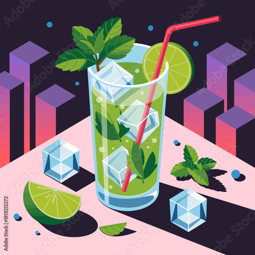 A vibrant glass of mint-lime drink stands on a playful background, highlighting refreshing summer vibes with added ice cubes, perfect for leisurely sipping on a warm day.