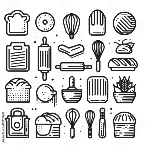 Flat vector icons of bakers, featuring bread and pastry utensils in geometric line style