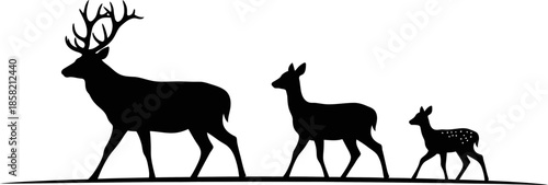 Silhouette of a Deer Family Walking Together Majestic Stag Doe and Fawn in Harmony forest animal