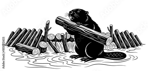 Industrious Beaver Building Dam with Logs in Water Black and White Illustration forest animal