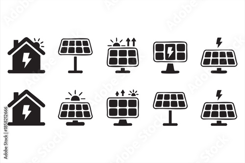 Solar Energy Icons for Renewable Power Generation and Home Electricity