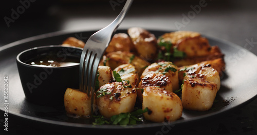 Quadro su tela eat roasted scallops with baked potatoes on black plate