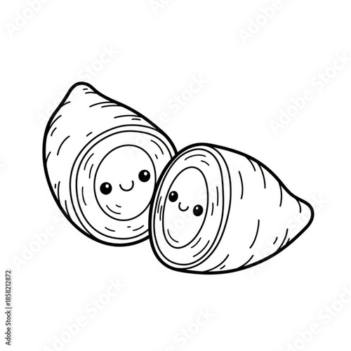 Cute cartoon vector illustration of a funny snail with a shell and a black and white onion and apple food icon design on white background for coloring book art