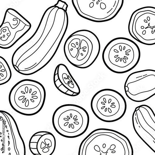 Seamless pattern with vintage hand drawn sketches of fruits, vegetables, meat, and fish including bread and cheese for a vector food doodle illustration