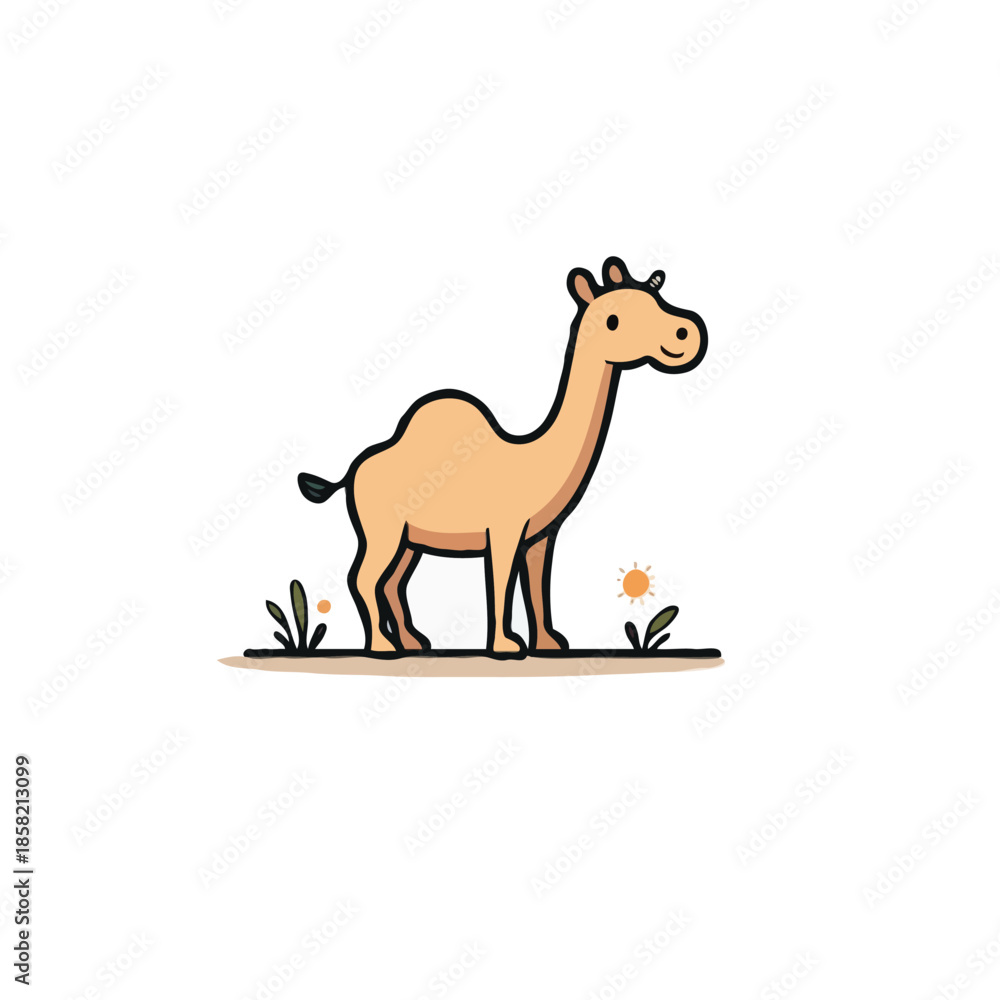 Fototapeta premium Whimsical camel illustration wandering across arid landscape under the desert sun in cartoon style