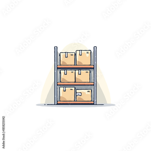 Stylized vector illustration depicting a storage shelf containing cardboard boxes arranged in