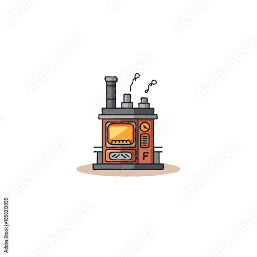 Stylized vector illustration presenting a quaint furnace emitting smoke on a plain background its