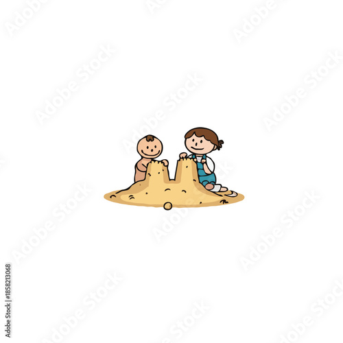 Two children happily create a magnificent sandcastle at the beach enjoying a fun day under the sun