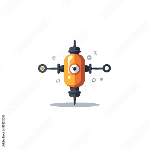 Whimsical automated character design standing centered ready for action showcasing animation