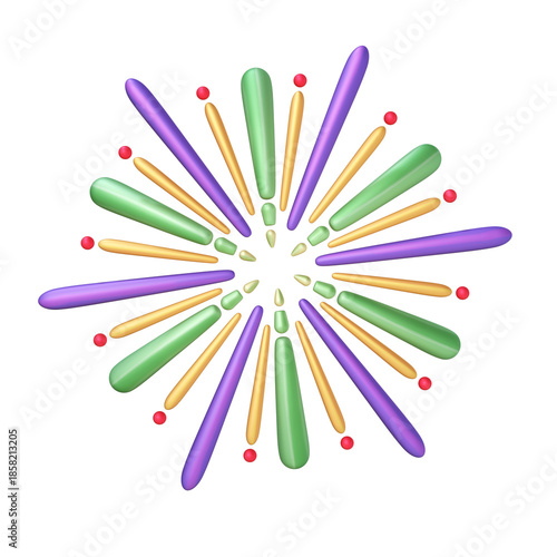 A 3D stylized multicolor firework burst featuring radial purple, green, and yellow sparks tipped with small red spheres.
