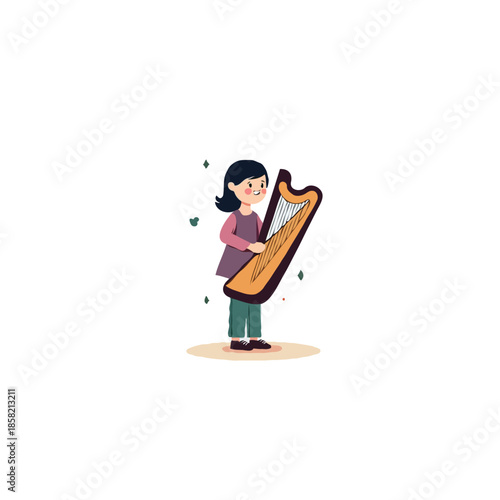 Young musician embracing her harp with fondness musical illustration featuring harp playing young