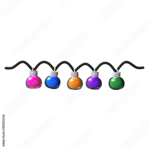 A 3D stylized row of multi-colored string lights featuring five glowing round bulbs in pink, blue, orange, purple, and green, hanging from a wavy dark green wire with silver bases.