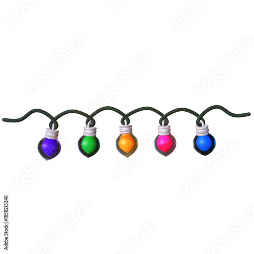 A 3D stylized row of multi-colored string lights featuring five glowing bulbs in purple, green, orange, pink, and blue, hanging evenly from a wavy dark green wire.