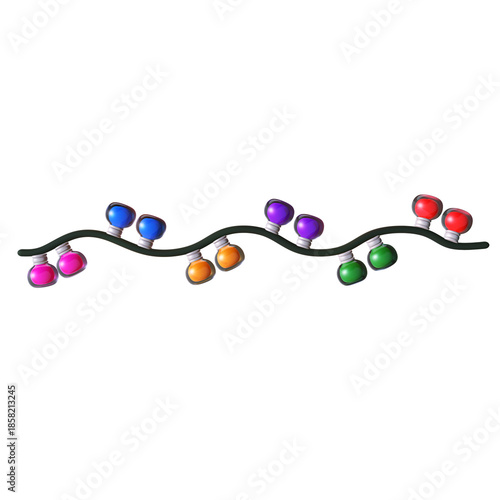 A 3D stylized row of multi-colored string lights featuring pairs of glowing round bulbs in pink, blue, orange, purple, green, and red, hanging from a long wavy dark green wire.