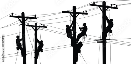 Electric linemen silhouette working on power poles, utility workers repairing overhead lines, electrical maintenance, energy infrastructure teamwork illustration