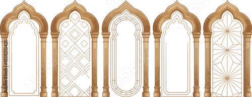 Islamic Arch Window and Door Frames Set with Traditional Arabic Ornamental Shapes