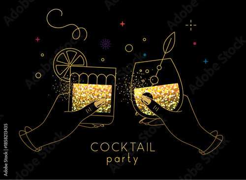 Line art hands with golden cocktails and firework. Cocktail party. Celebration toast with two cocktail glasses. Vector illustration