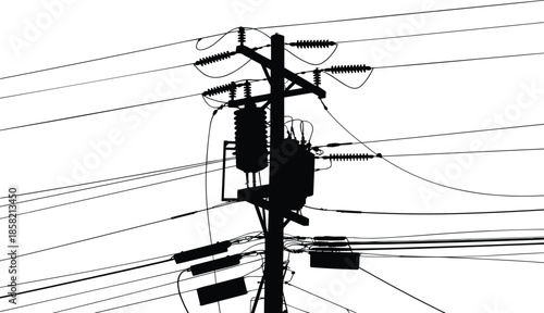 Electric utility pole silhouette with transformer and insulators, overhead power lines, electricity transmission system, urban energy infrastructure illustration