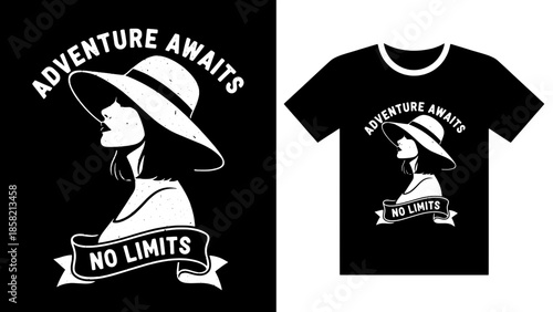 ​A minimalist vintage-style silhouette illustration of a woman in a wide-brimmed hat featuring the motivational text "Adventure Awaits, No Limits." This retro-inspired graphic is designed for t-shirt.