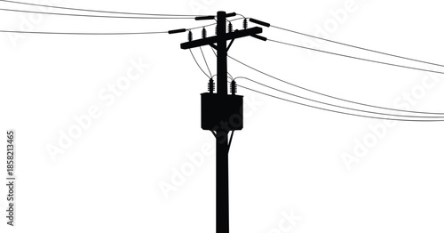 Electric utility pole silhouette with transformer and overhead power lines, electricity distribution system, energy infrastructure, minimal industrial illustration
