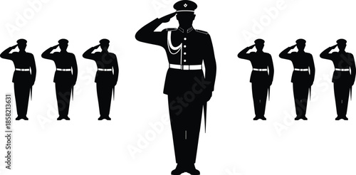 Military officers saluting silhouette formation, army command leadership, disciplined soldiers parade, national defense, ceremonial service illustration concept