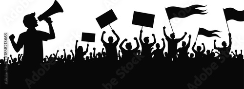 Political protest crowd silhouette with megaphone leader, activists holding signs and flags, social movement rally, demonstration illustration concept