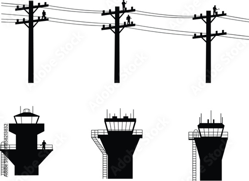Utility power poles and communication towers silhouette set with workers, electricity transmission and telecom infrastructure, industrial technology illustration