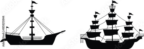 Vintage sailing ships silhouette illustration, old wooden boats with sails and flags, maritime transport, nautical history concept design
