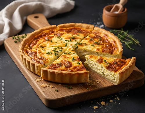 Brown Golden Mushroom Pie with Creamy Filling Freshly Baked Homemade Savory Pie pizza , Close Up short Food Photography with beautiful background. 