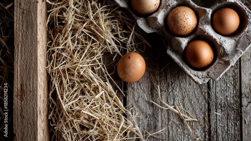 Rustic farm eggs amid straw nest