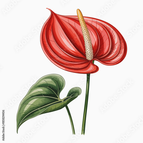 This stunning close-up image of a striking red anthurium flower showcases its unique form and texture, surrounded by vibrant green leaves that accentuate its beauty.