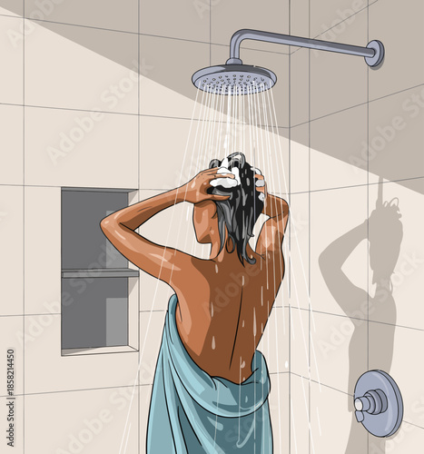 A woman is shampooing her hair under a modern shower, surrounded by a bright, tiled bathroom, showcasing relaxation and self-care as essential parts of daily life.