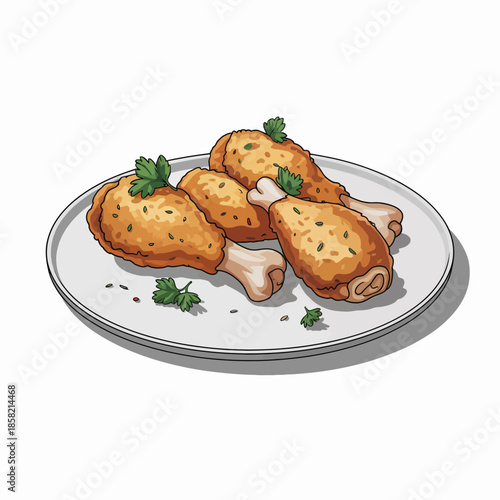 A plate of crispy, golden chicken drumsticks garnished with fresh herbs provides a mouthwatering display of delicious comfort food, eliciting cravings and culinary joy.