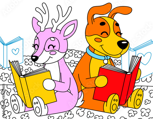 In this cheerful illustration, a happy deer and dog sit together, reading books, symbolizing friendship, love for literature, and the joy of sharing stories in a whimsical style.