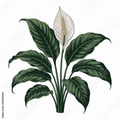 This image showcases a beautiful peace lily plant with lush green leaves and a delicate white flower, symbolizing peace and tranquility in gardening and design.