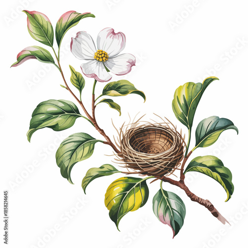 An intricate and beautiful illustration depicts a branch adorned with vibrant leaves and a delicate flower, paired with a nest, symbolizing nature's harmony and creativity.