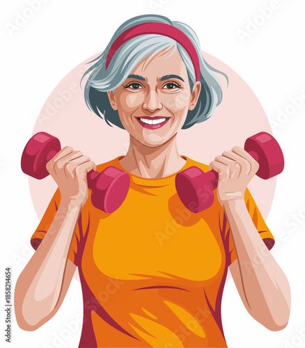 This uplifting illustration presents a senior woman joyfully lifting weights, embodying strength, health, and an inspiring commitment to fitness at any stage of life.