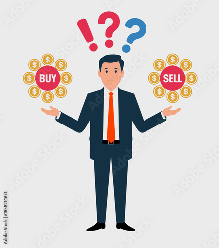 A thoughtful businessman contemplating buy or sell options in finance, portrayed in a visually compelling design highlighting decision-making in the stock market.