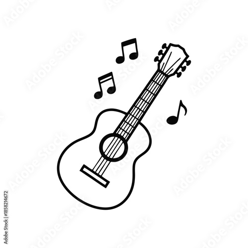 Minimalist Acoustic Guitar Logo Musical Notes Line Art Icon