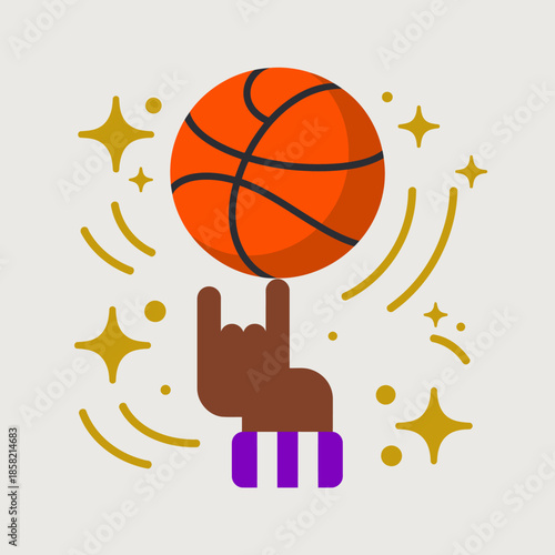 A vibrant illustration of a hand spinning a basketball, capturing the energy and dynamics of sports, symbolizing passion, skill, and the fun of playing basketball.