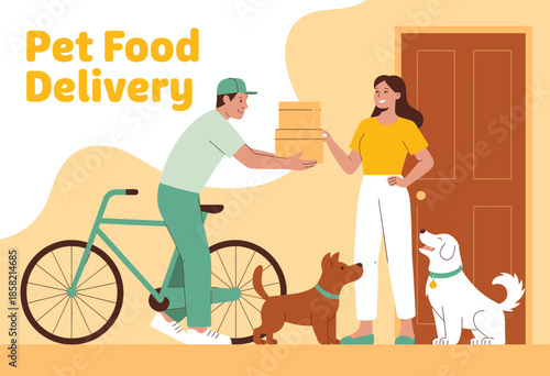 A cheerful pet food delivery scenario featuring a delivery person on a bicycle and two happy dogs, showcasing the bond between pets and their owners.