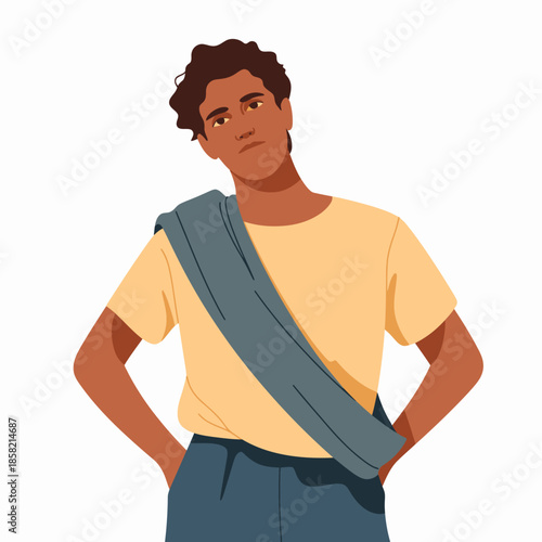 A young man stands confidently with a thoughtful expression, wearing a casual outfit and a stylish shawl draped over one shoulder, embodying modern aesthetics and individuality.