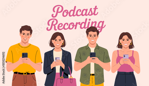 Four friends actively participating in a podcast recording session, showcasing camaraderie and creativity while discussing topics of interest using smartphones for engagement.