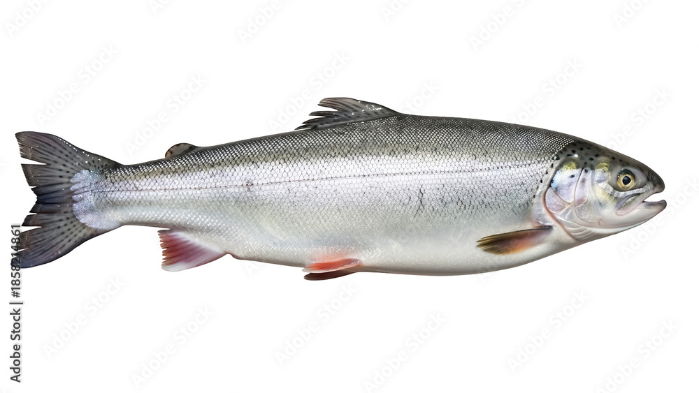 Obraz premium Fresh rainbow trout isolated PNG on transparent background, raw fish with silver scales for healthy eating and seafood concepts